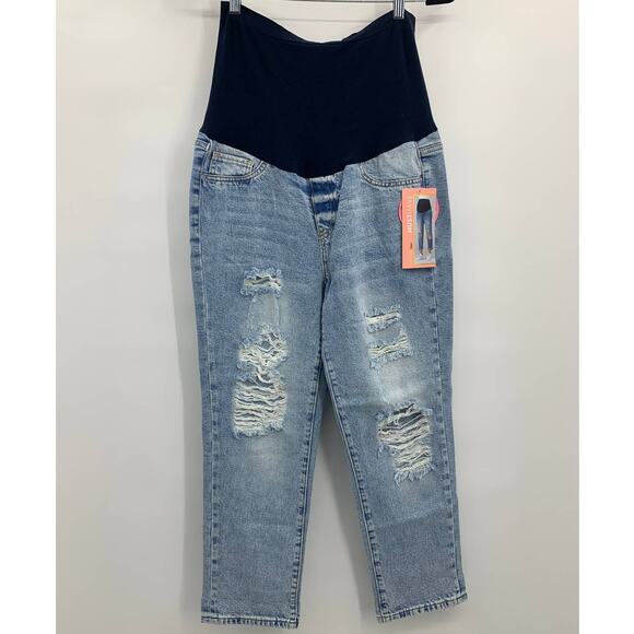 Simple Society Maternity Straight Distressed Stretch Blue Denim Jeans Large NEW - Picture 2 of 12